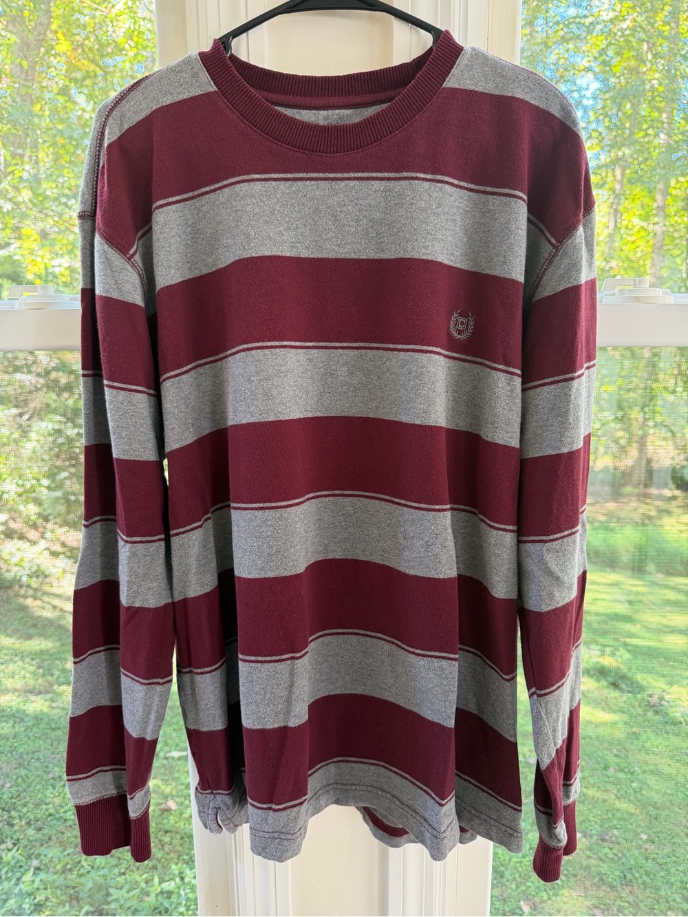 Chaps Ralph Lauren Maroon and Gray Striped Long-Sleeve Crewneck Shirt